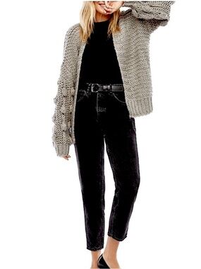 Elan Gray Chunky Drop Shoulder Embellished Loose Knit Ball Sleeves Cardigan